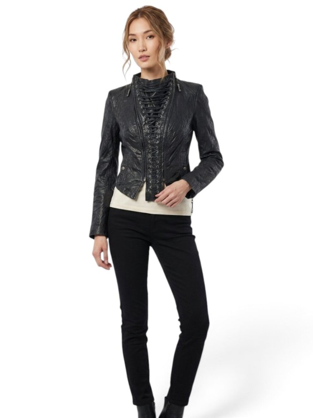 Vero Moda Classic Black Leather Kalo Jacket Corset Lace Up Moto Distressed NWT S